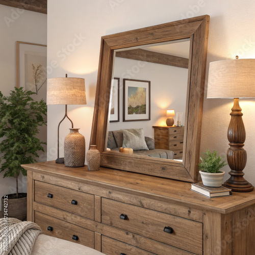 Rustic farmhouse dresser with large reclaimed wood mirror and lamps