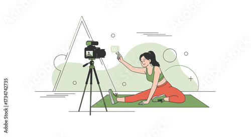A young woman is doing fitness tutorial online using a camera on a tripod sharing healthy