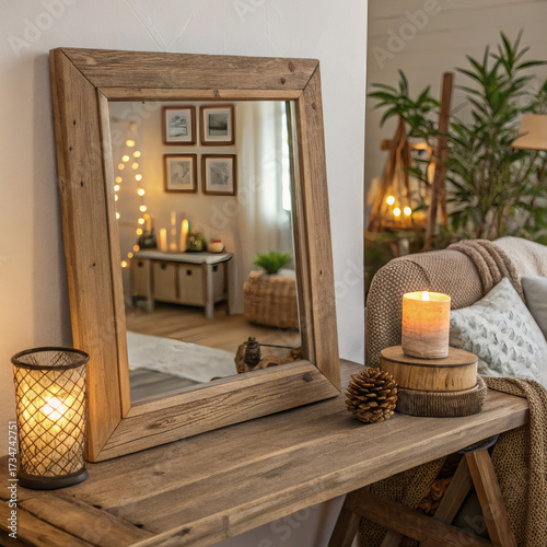 Rustic wooden framed mirror reflecting cozy home decor with warm lighting