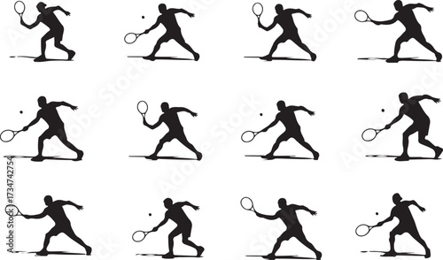 15 Bundle set of Tennis backhand silhouette vector on white background