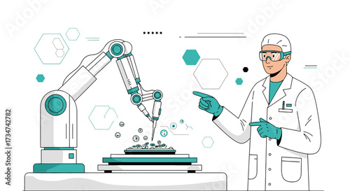 Advanced Biotechnology Research: Scientist and Robotic Arm in Laboratory Setting