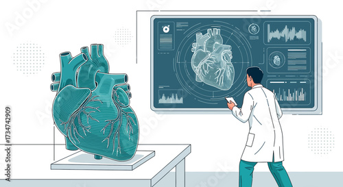 Advanced Medical Analysis: Doctor Examining 3D Heart Model and Digital Diagnostic Data Screen