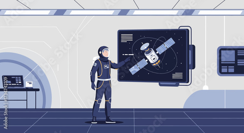Astronaut giving a presentation about a satellite in a futuristic space station environment