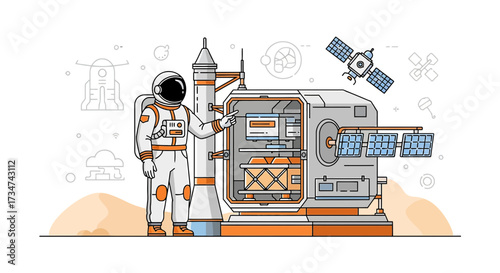 Astronaut Exploring New Planet Base with Rocket and Satellite Exploration Graphic Illustration