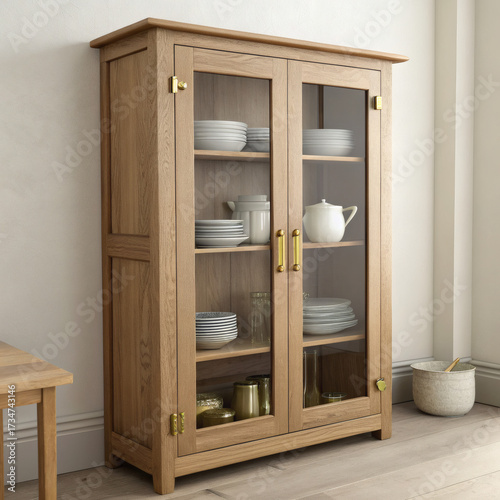 Elegant light oak display cabinet with glass doors and shelves