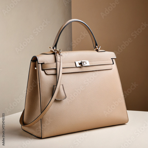 Elegant beige textured leather handbag with gold hardware