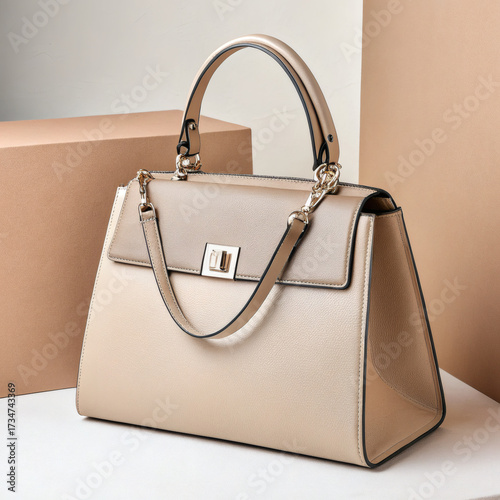 Elegant beige leather handbag with structured design and metal clasp