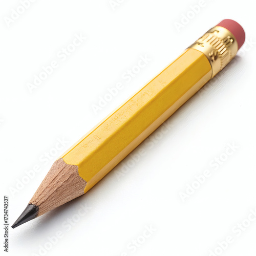 A short yellow pencil with a red eraser on a white background