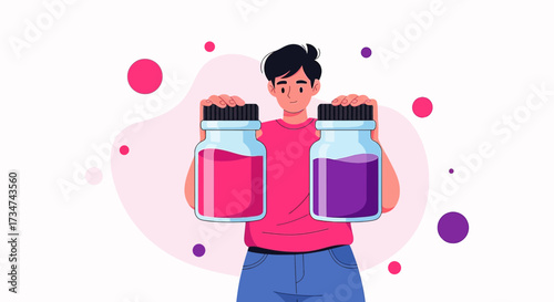 Cartoon man holding two bottles of colored liquid illustration for health and wellness concept