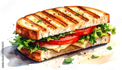 A delectable grilled cheese sandwich, vibrant with watercolor artistry, features toasted bread, fresh vegetables, and melted cheese, showcasing a delicious and appetizing culinary scene.