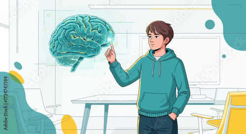 Cartoon man interacting with a holographic brain interface in a modern office environment