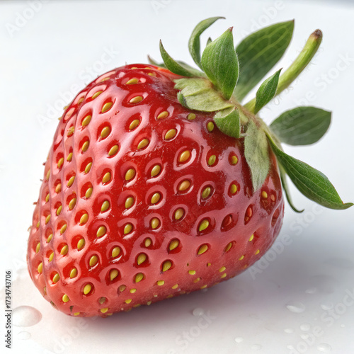 Close up of a single ripe red strawberry with green leaves on a white surface