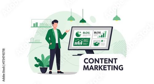 Content Marketing Illustration with Man Presenting Data on Screen for Website Promotion strategies