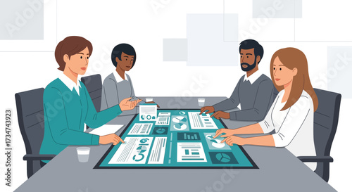 Diverse professionals collaborate at an interactive table displaying data analysis charts and