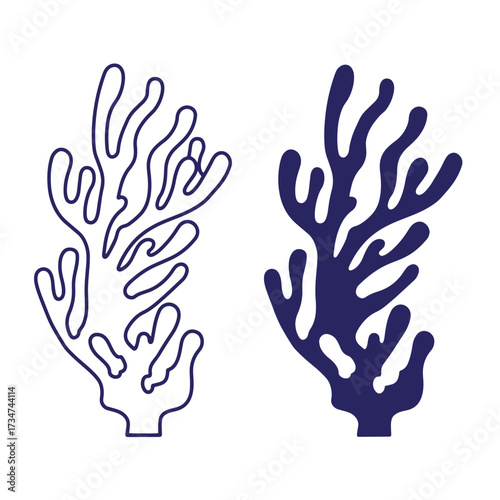 Simple vector illustration of two decorative coral reefs in outlined and filled styles