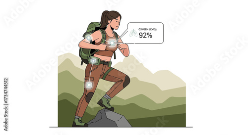 Female hiker with wearable health tech demonstrating oxygen level during mountain trek