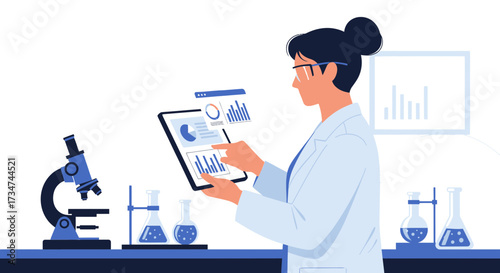 Female scientist analyzing data on a tablet in a laboratory setting with equipment for medical
