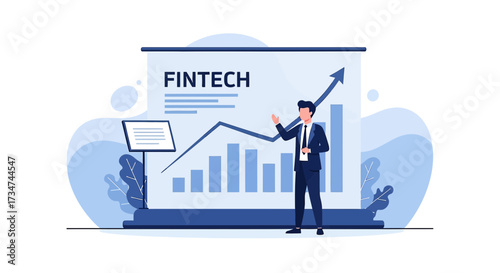 Fintech presentation by a professional with an upward trending financial chart growth success