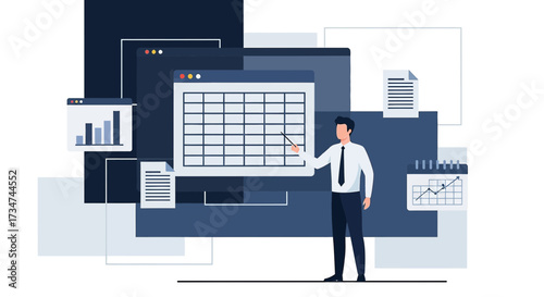Financial analysis presentation with spreadsheet data and business insights illustration