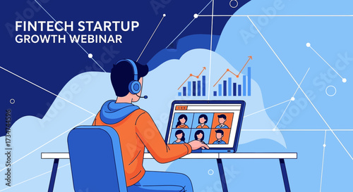Fintech startup growth webinar illustration showcasing business people in online meeting