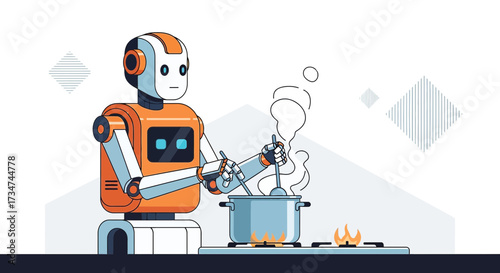 Futuristic kitchen concept: Robot chef preparing a meal with digital precision and efficiency