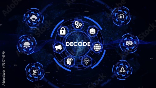 Fotografie Digital technology concept with central word DECODE and surrounding icons decode