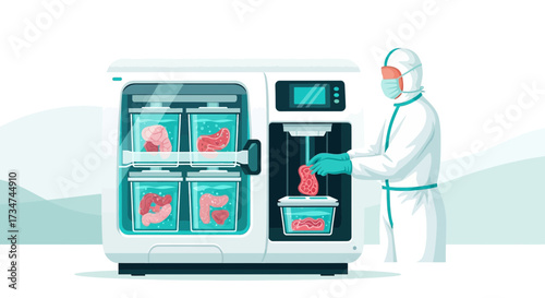 Futuristic organ manufacturing in a lab with a scientist and a 3d printer concept illustration