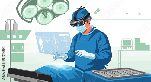 Futuristic surgery concept featuring a surgeon using augmented reality technology interface