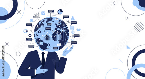 Global business communication and data analytics strategy with globe head concept design