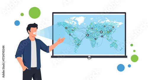 Global Communication Presentation: Man Explaining Worldwide Network Connections on Screen