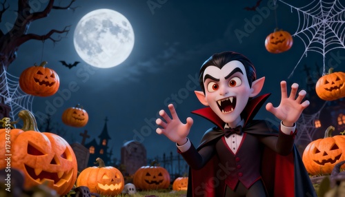 3D cartoon vampire with sharp fangs in a spooky graveyard full of pumpkins, bats and spider webs under the full moon, symbolizing Halloween traditions, fear, folklore and playful seasonal fantasy.