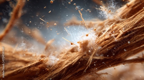 An intriguing microscopic shot revealing textured natural fibers surrounded by particles, highlighting the intricacies of nature and the unseen beauty in our environment.