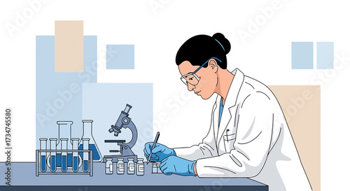 Illustration depicting a female scientist working in a laboratory with equipment and making notes