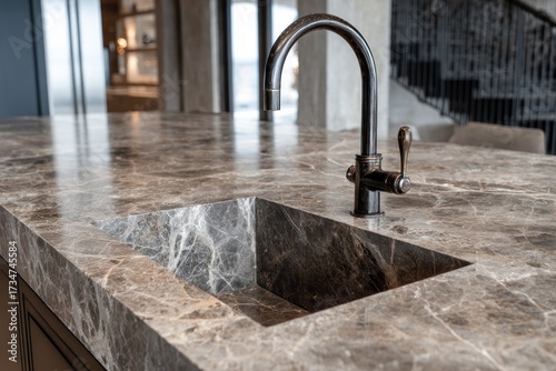 A close-up view of a modern kitchen countertop featuring a dark gray granite surface with a recessed sink and a stylish black faucet.