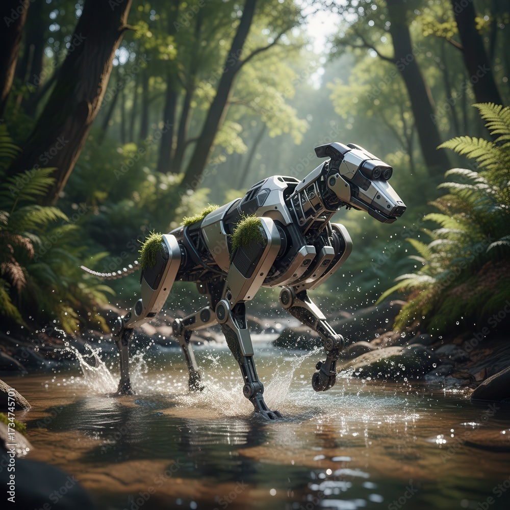 Fototapeta premium Futuristic Robotic Dog Exploring a Forest Stream: A Concept of Advanced Technology, Biomimicry, and Nature's Integration