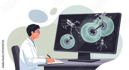 Illustration depicting medical nanotechnology research with doctor analyzing results on screen