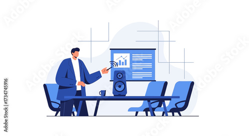 Illustration of a business presentation with charts graphs and modern conference tools for the