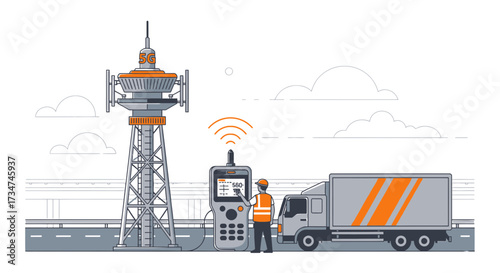 Illustration of 5G technology deployment featuring a cell tower and a technician evaluating the
