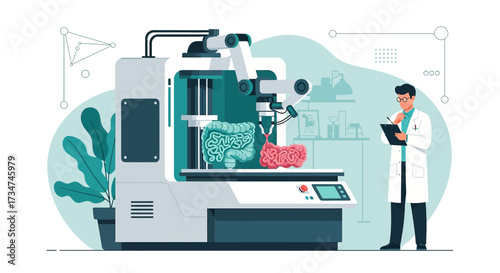Illustration of a 3D bioprinting process for organ creation in a modern laboratory