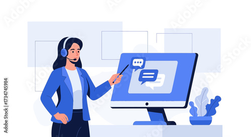 Illustration of a customer service representative explaining online communication on computer