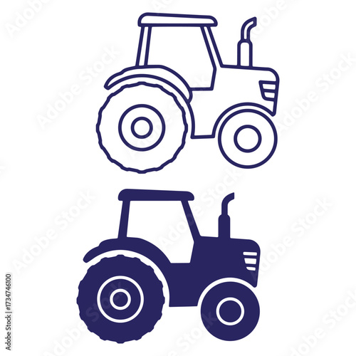 Two minimalist outlined tractors in dark blue color for agricultural and farming concepts