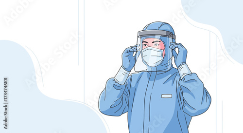 Illustration of a healthcare worker in full PPE demonstrates safety protocols during a pandemic