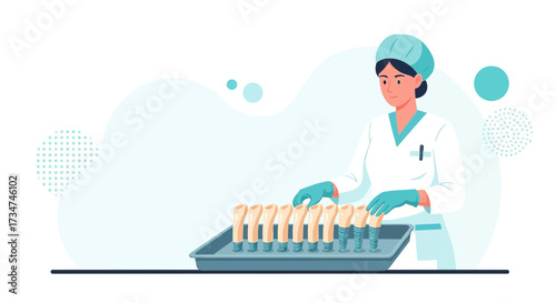Illustration of a healthcare worker inspecting dental implants in a sterile environment