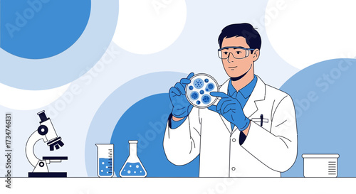 Illustration of a male scientist examining a petri dish in a laboratory setting, showcasing