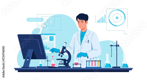 Illustration of a male scientist conducting experiment in laboratory setting with microscope and