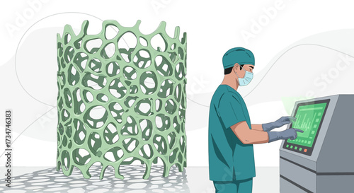 Illustration of a medical professional working with a 3D printed medical implant design