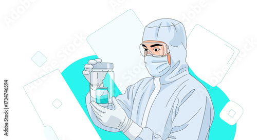 Illustration of a scientist in protective gear examining a sample in a lab setting