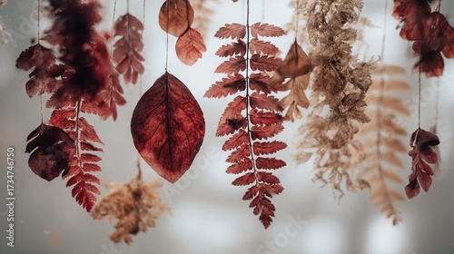   A detailed image of several leaves dangling on power lines against a hazy sky backdrop
