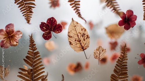   A macro of numerous foliage and blossoms on a windowsill against a blue backdrop