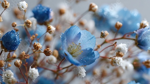   Blue flower close-up with white foreground flowers and water droplets background